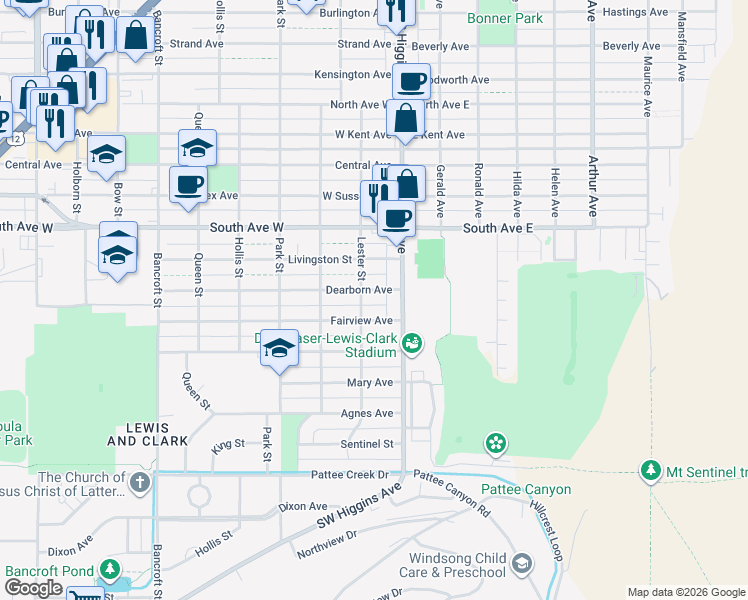 map of restaurants, bars, coffee shops, grocery stores, and more near 126 Fairview Avenue in Missoula