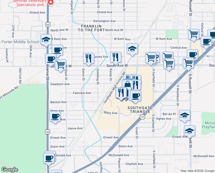 map of restaurants, bars, coffee shops, grocery stores, and more near 2601 Kemp Street in Missoula