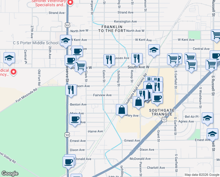 map of restaurants, bars, coffee shops, grocery stores, and more near 2233 Dearborn Avenue in Missoula