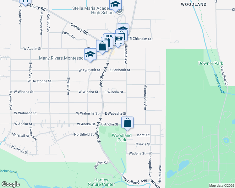 map of restaurants, bars, coffee shops, grocery stores, and more near 120 East Winona Street in Duluth