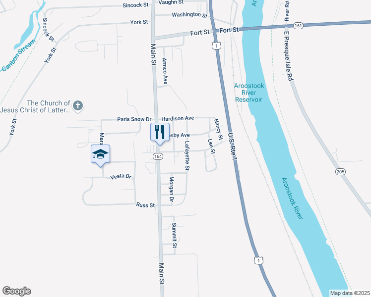 map of restaurants, bars, coffee shops, grocery stores, and more near 19 Katahdin Avenue in Caribou