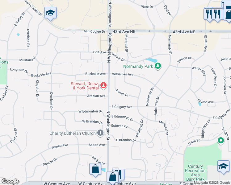 map of restaurants, bars, coffee shops, grocery stores, and more near 3800 Renee Drive in Bismarck