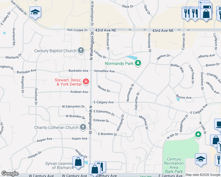 map of restaurants, bars, coffee shops, grocery stores, and more near 3737 Renee Dr in Bismarck