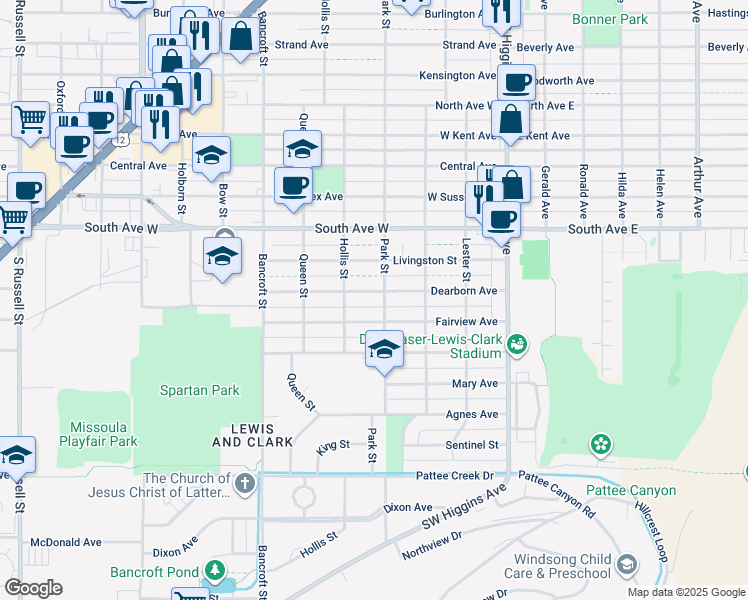 map of restaurants, bars, coffee shops, grocery stores, and more near 407 Dearborn Avenue in Missoula