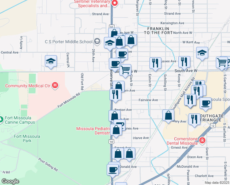 map of restaurants, bars, coffee shops, grocery stores, and more near 2600 South Reserve Street in Missoula