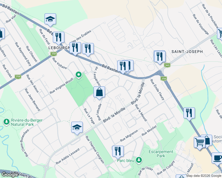 map of restaurants, bars, coffee shops, grocery stores, and more near 7966 Rue Latreille in Québec