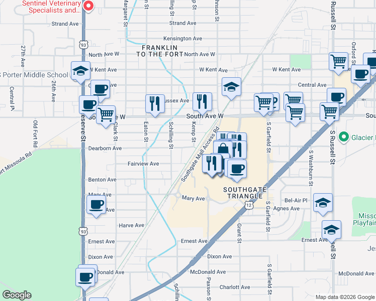 map of restaurants, bars, coffee shops, grocery stores, and more near 2601 Kemp Street in Missoula