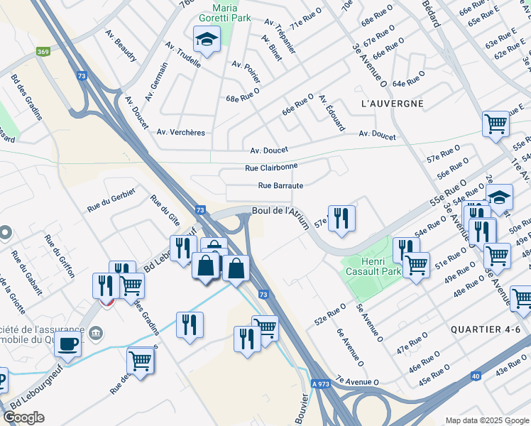 map of restaurants, bars, coffee shops, grocery stores, and more near 550 Boulevard de l'Atrium in Ville de Québec