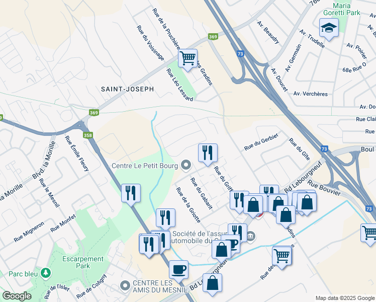 map of restaurants, bars, coffee shops, grocery stores, and more near 795 Rue de la Gerboise in Québec