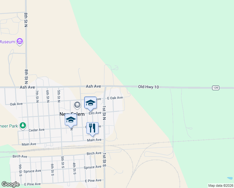 map of restaurants, bars, coffee shops, grocery stores, and more near 201-299 East Oak Avenue in New Salem