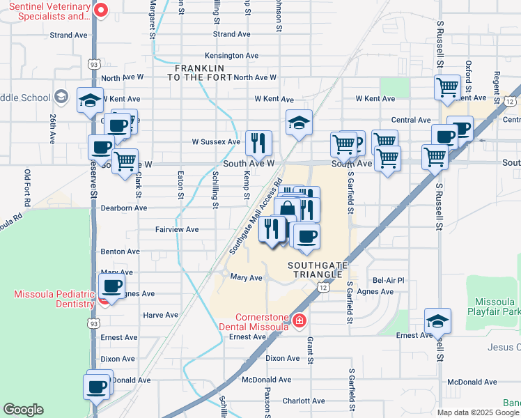map of restaurants, bars, coffee shops, grocery stores, and more near Southgate Mall Access Road in Missoula