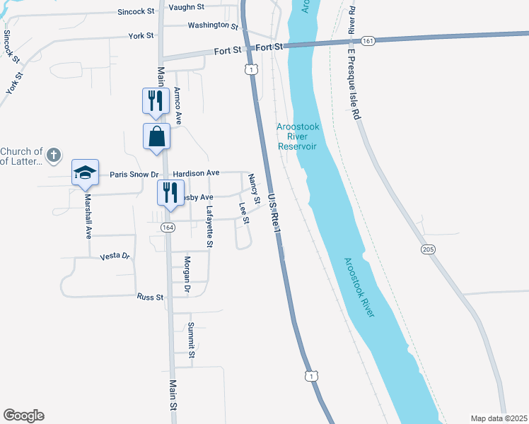 map of restaurants, bars, coffee shops, grocery stores, and more near 16 Lee Street in Caribou
