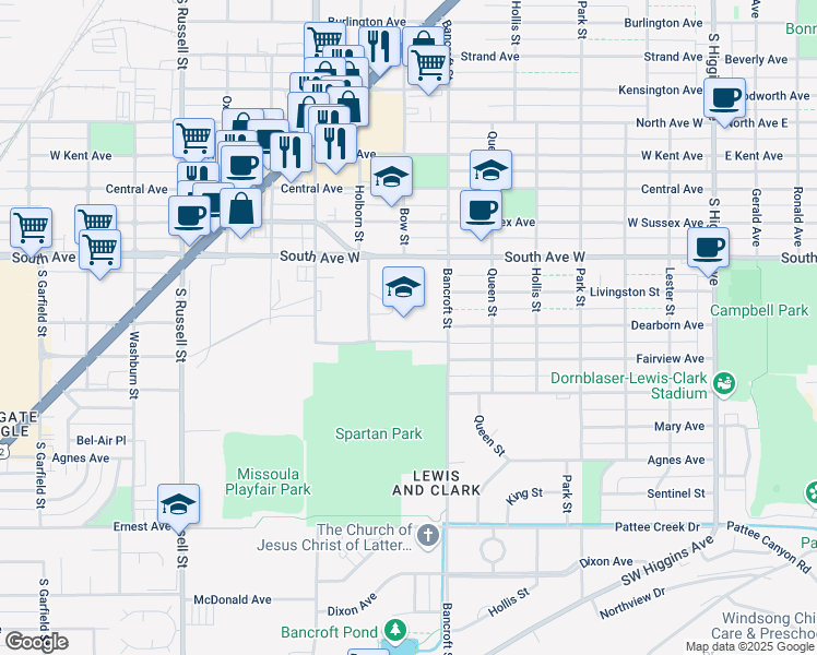 map of restaurants, bars, coffee shops, grocery stores, and more near 901 South Avenue West in Missoula