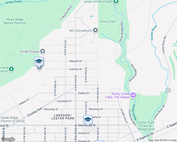 map of restaurants, bars, coffee shops, grocery stores, and more near 5309 Norwood Street in Duluth