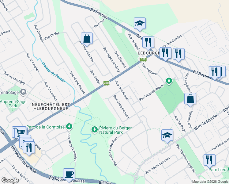 map of restaurants, bars, coffee shops, grocery stores, and more near 1642 Rue Antoinette-de-Pons in Québec