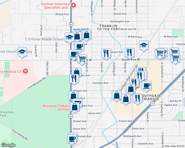 map of restaurants, bars, coffee shops, grocery stores, and more near 2335 Dearborn Avenue in Missoula