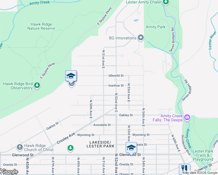 map of restaurants, bars, coffee shops, grocery stores, and more near 5121 Norwood Street in Duluth