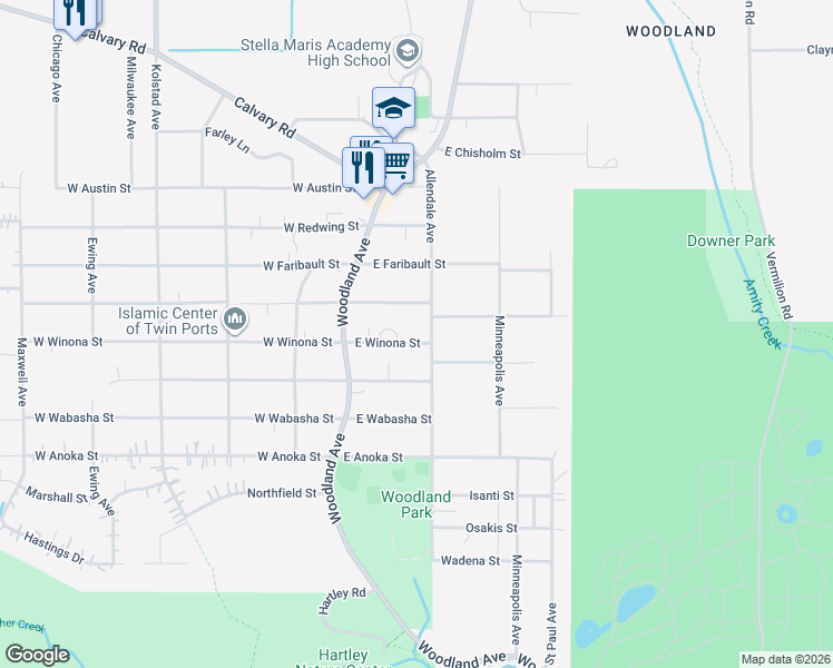 map of restaurants, bars, coffee shops, grocery stores, and more near 120 East Winona Street in Duluth