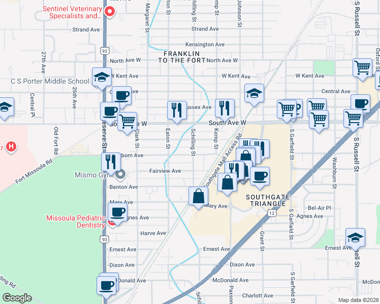 map of restaurants, bars, coffee shops, grocery stores, and more near 2233 Dearborn Avenue in Missoula
