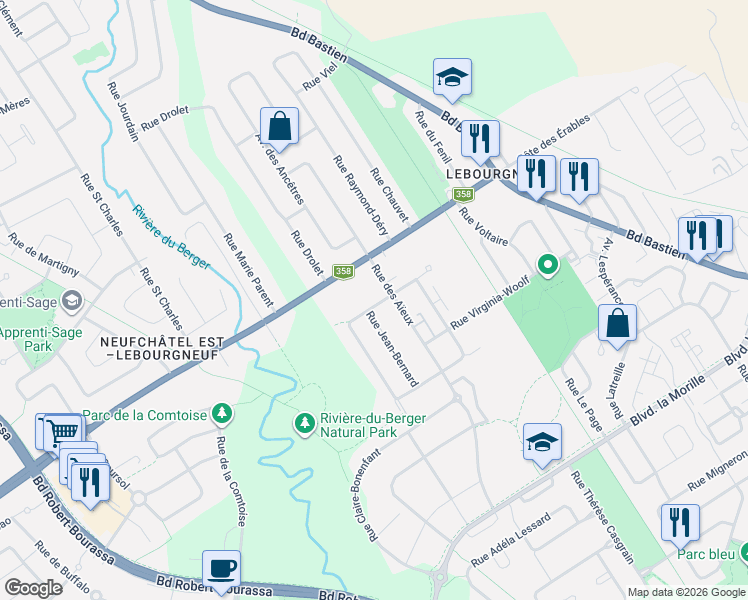 map of restaurants, bars, coffee shops, grocery stores, and more near 1642 Rue Antoinette-de-Pons in Québec