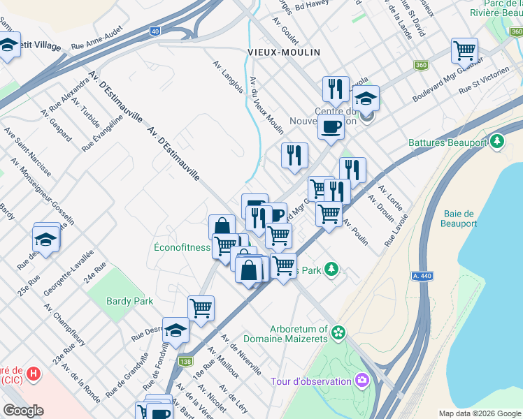 map of restaurants, bars, coffee shops, grocery stores, and more near 2903 Chemin Royal in Ville de Québec