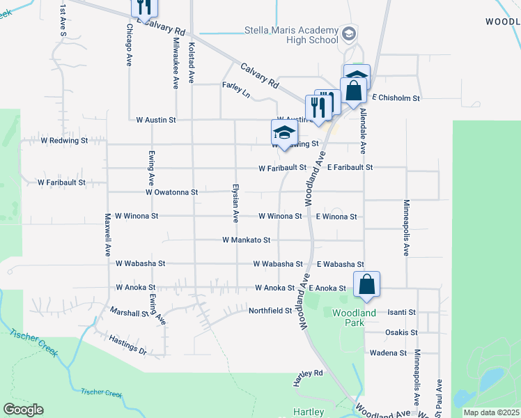 map of restaurants, bars, coffee shops, grocery stores, and more near 124 West Winona Street in Duluth