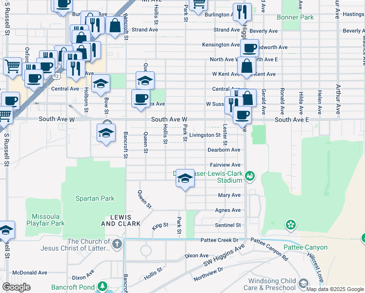 map of restaurants, bars, coffee shops, grocery stores, and more near 407 Dearborn Avenue in Missoula