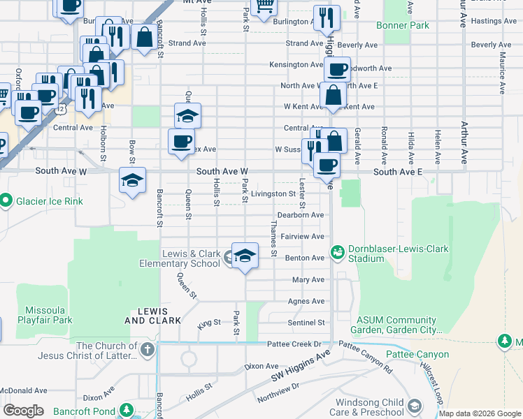 map of restaurants, bars, coffee shops, grocery stores, and more near 316 Fairview Ave in Missoula