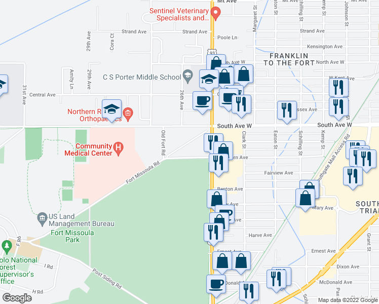 map of restaurants, bars, coffee shops, grocery stores, and more near 2415-2549 Fort Missoula Road in Missoula