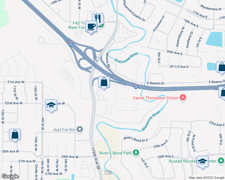 map of restaurants, bars, coffee shops, grocery stores, and more near 45 21st Avenue East in West Fargo