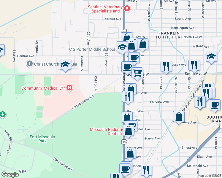 map of restaurants, bars, coffee shops, grocery stores, and more near 2415-2549 Fort Missoula Road in Missoula