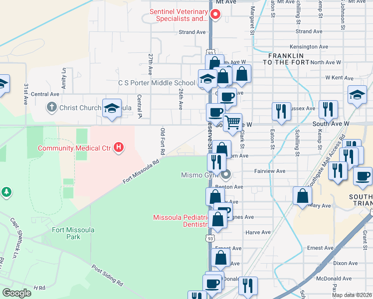 map of restaurants, bars, coffee shops, grocery stores, and more near 2415-2549 Fort Missoula Road in Missoula