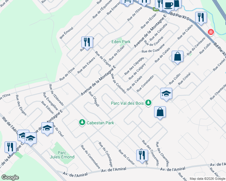 map of restaurants, bars, coffee shops, grocery stores, and more near 1395 Rue Champdoré in Quebec