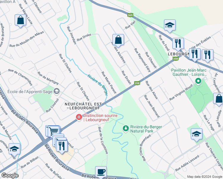 map of restaurants, bars, coffee shops, grocery stores, and more near 9085 Rue Marie Parent in Québec