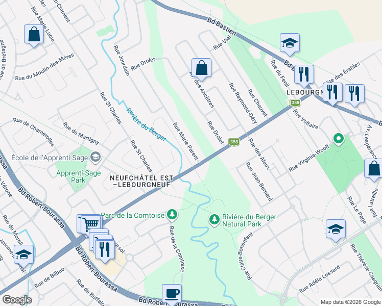map of restaurants, bars, coffee shops, grocery stores, and more near 9085 Rue Marie Parent in Québec