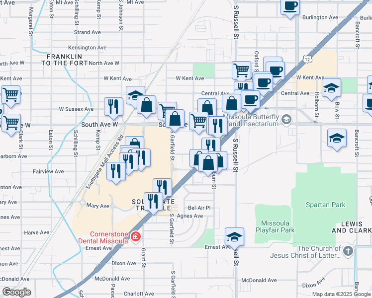 map of restaurants, bars, coffee shops, grocery stores, and more near 1704 Dearborn Avenue in Missoula