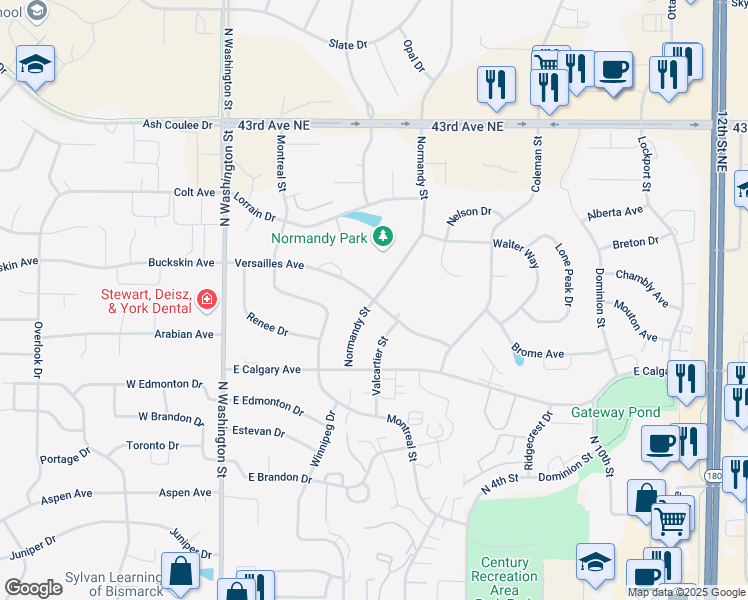 map of restaurants, bars, coffee shops, grocery stores, and more near 4115 Normandy Street in Bismarck