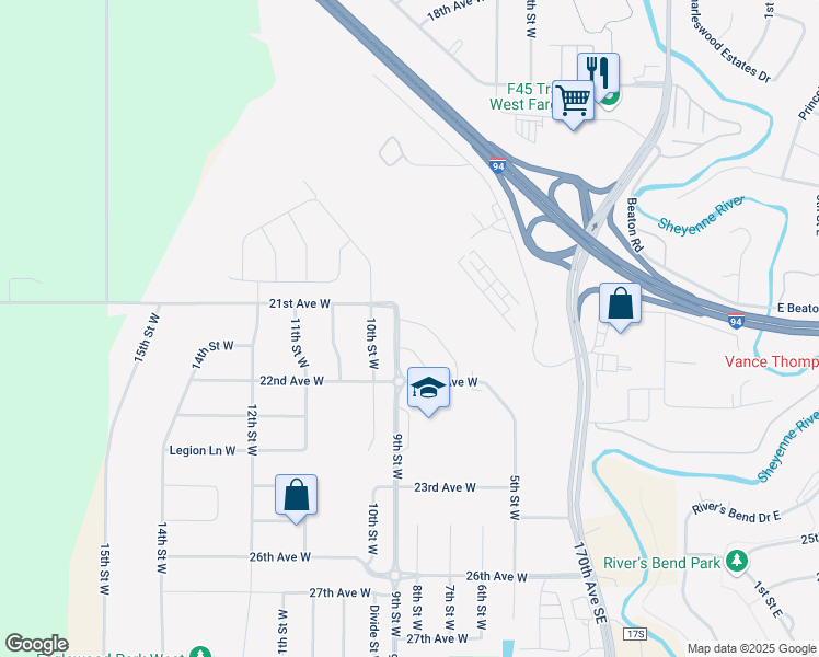 map of restaurants, bars, coffee shops, grocery stores, and more near 604-606 21st Ave W in West Fargo