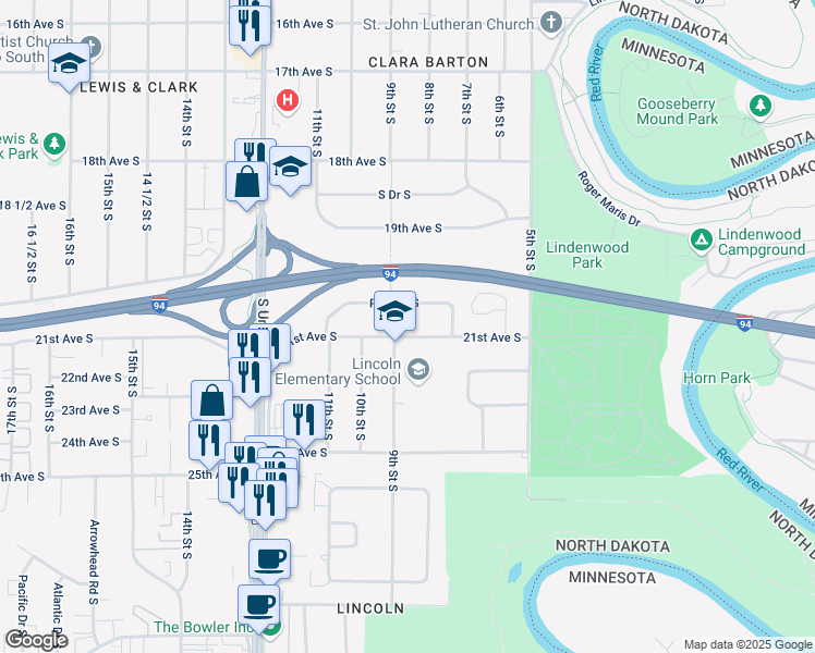 map of restaurants, bars, coffee shops, grocery stores, and more near 902 Park Drive South in Fargo