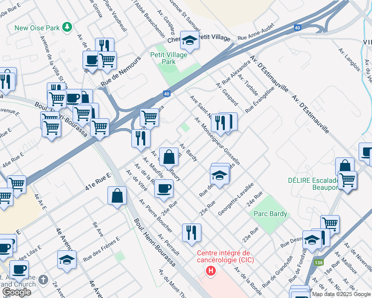 map of restaurants, bars, coffee shops, grocery stores, and more near Avenue Bardy & 27e Rue in Québec