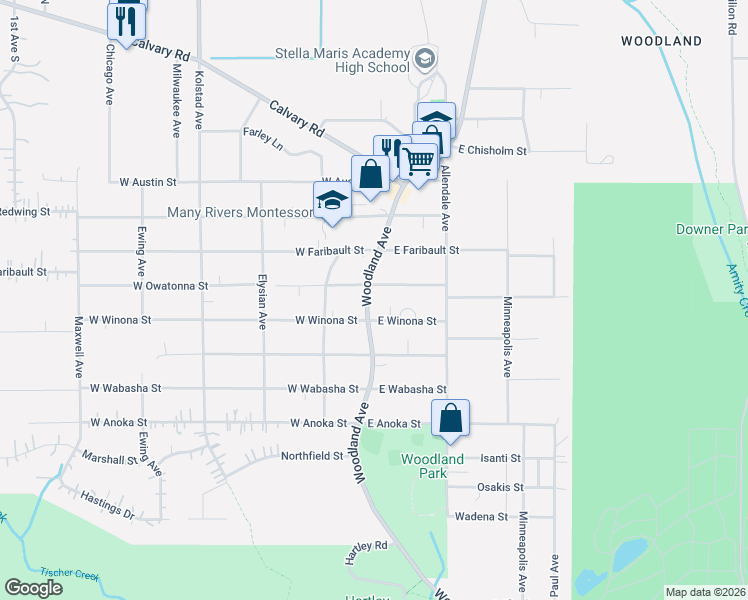 map of restaurants, bars, coffee shops, grocery stores, and more near 15 East Owatonna Street in Duluth
