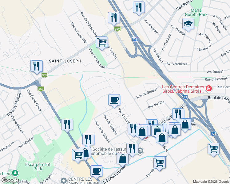 map of restaurants, bars, coffee shops, grocery stores, and more near 747 Rue de la Gerboise in Québec