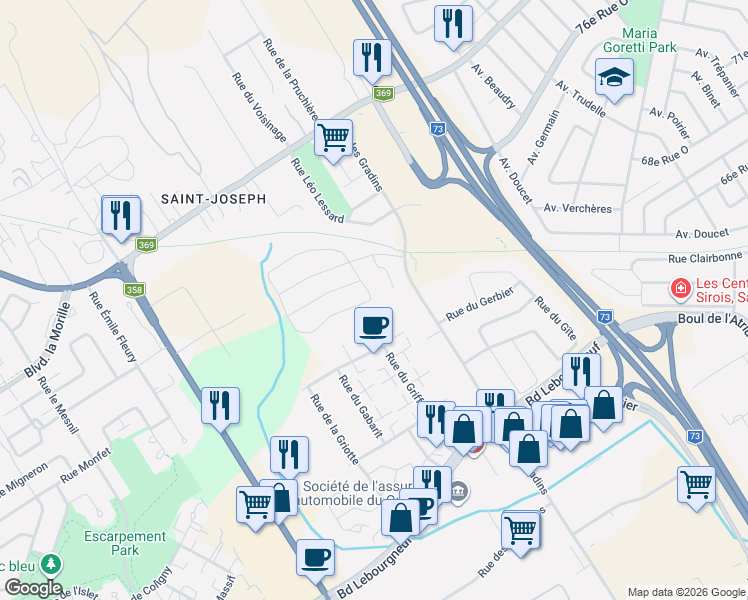 map of restaurants, bars, coffee shops, grocery stores, and more near 747 Rue de la Gerboise in Québec
