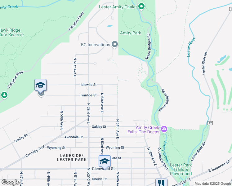 map of restaurants, bars, coffee shops, grocery stores, and more near 5334 Idlewild Street in Duluth