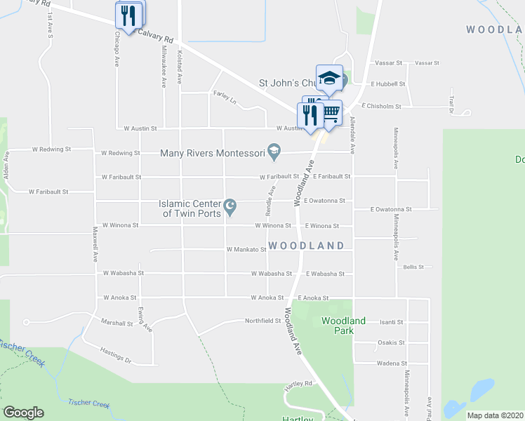 map of restaurants, bars, coffee shops, grocery stores, and more near 101 West Owatonna Street in Duluth