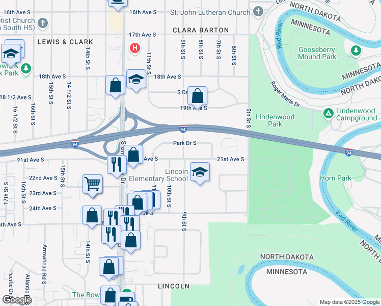 map of restaurants, bars, coffee shops, grocery stores, and more near 902 Park Drive South in Fargo