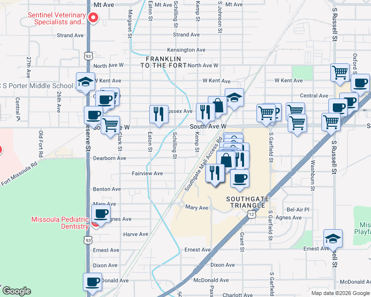 map of restaurants, bars, coffee shops, grocery stores, and more near 2121 Livingston Street in Missoula