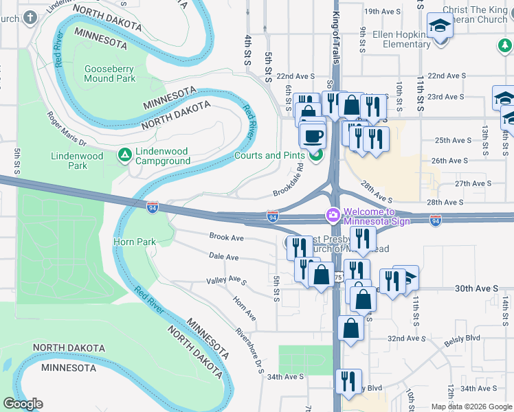 map of restaurants, bars, coffee shops, grocery stores, and more near 2709 Brookdale Road in Moorhead