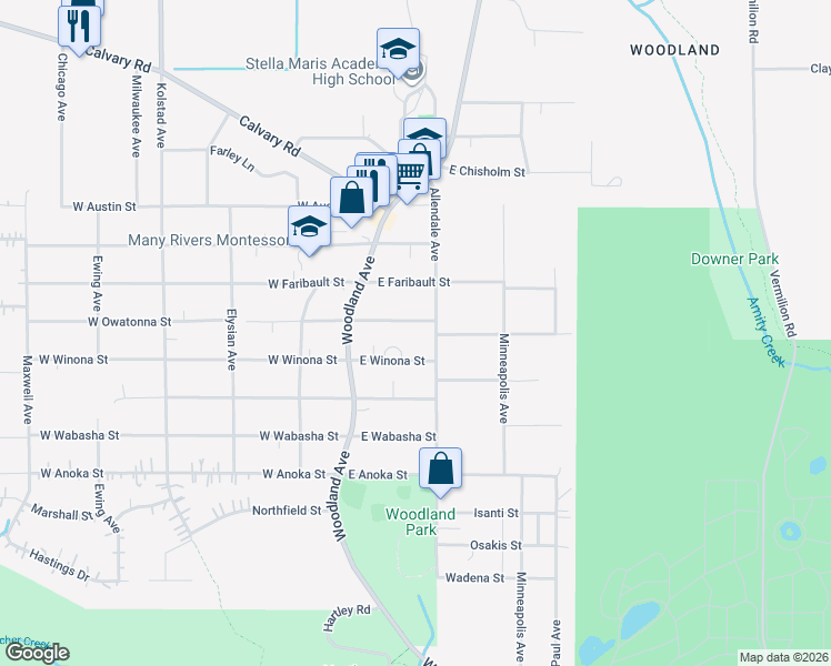 map of restaurants, bars, coffee shops, grocery stores, and more near 45 East Owatonna Street in Duluth
