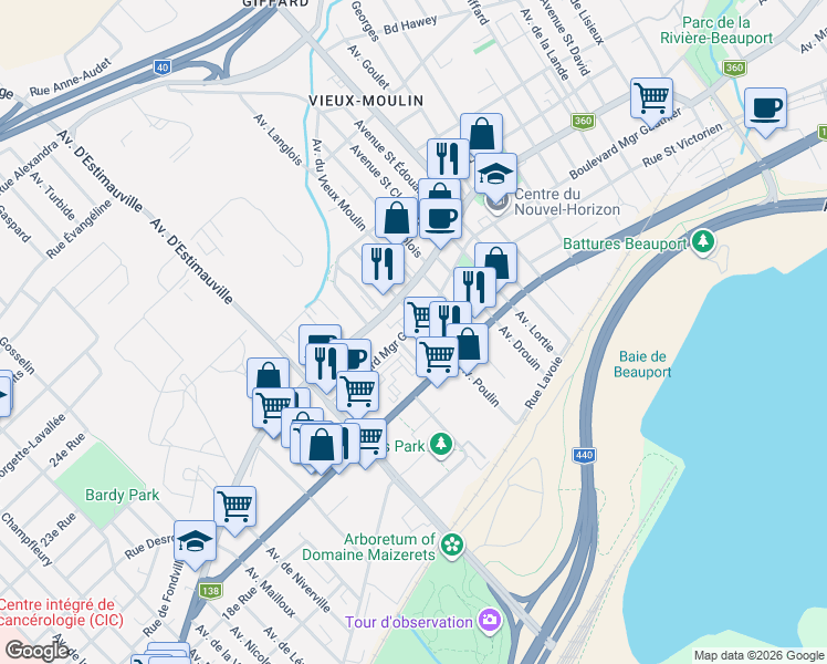 map of restaurants, bars, coffee shops, grocery stores, and more near 2990 Boulevard Monseigneur Gauthier in Québec